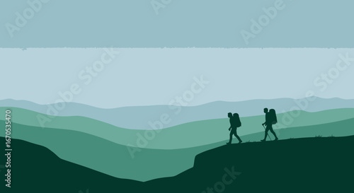Silhouette Hikers Ascending Grassy Hillside With Green Mountain Range Backdrop