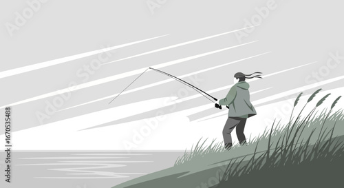 Solitary Angler Casts Line On Overcast Day Monochrome Artistic Illustration