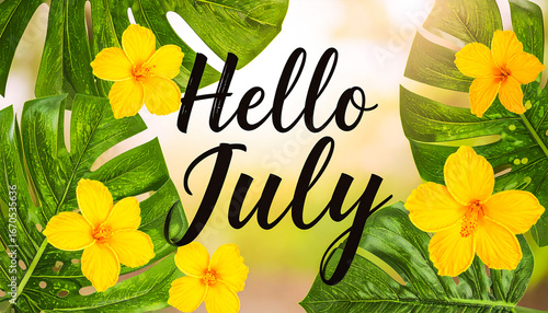 Hello july phrase with bold script decorated using summer leaves