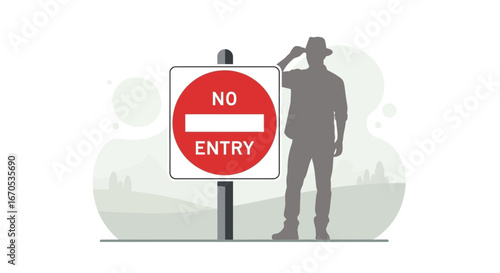 Silhouette Man Pondering a No Entry Sign in a Serene Landscape