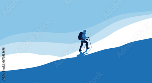 Silhouette of a backpacker hiking uphill on a snowy mountain in a stylized landscape background illustration