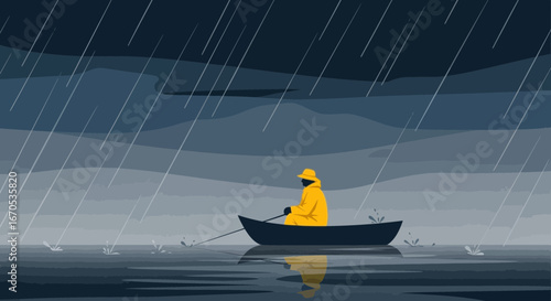 Solitary Fisherman Braving The Stormy Seas Illustration Art For Stock