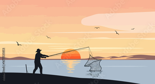 Silhouette of a fisherman at sunset with a net in the water, creating a tranquil scene