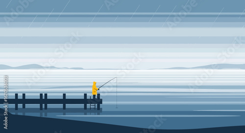 Solitary Fisherman Enjoying Peaceful Fishing On Pier In Muted Color Palette