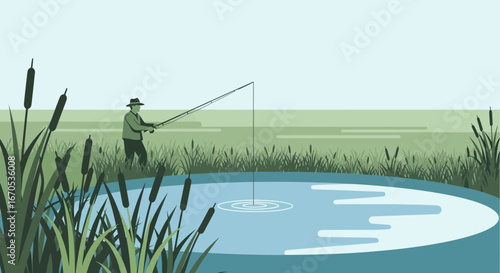 Silhouette Of A Fisherman Enjoying Peaceful Angling By The Lake