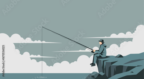 Solitary Fisherman Enjoying Peacefulness By The Sea On A Cloudy Day