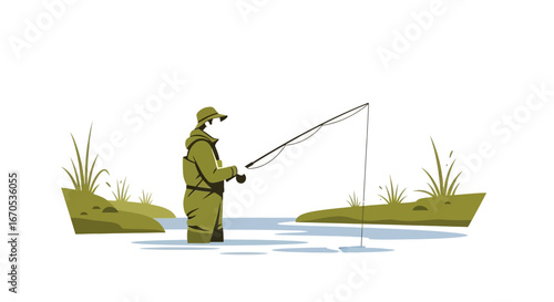 Silhouette of a fisherman in waders casting a line in a river angling adventure outdoor