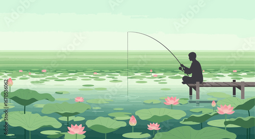 Silhouette of a fisherman sitting on a pier amidst a serene lotus flower pond landscape design