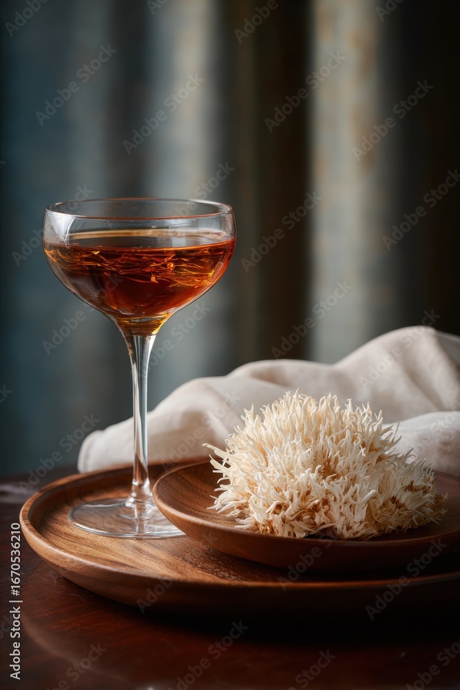Naklejka premium Elegant cocktail presentation with wooden plate and unique garnish
