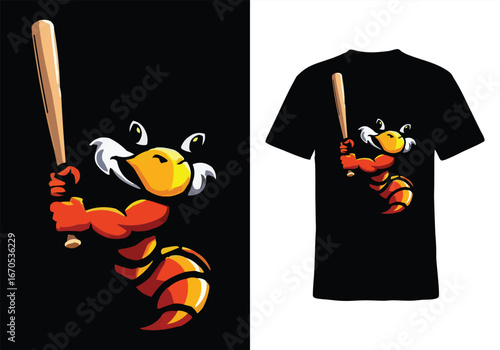 Cartoon wasp baseball player vector illustration for t shirt design