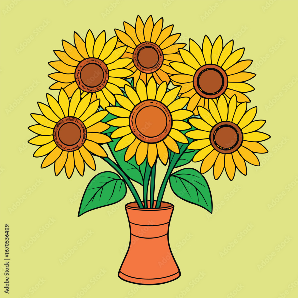 Obraz premium Bouquet of seven cartoon sunflowers in an orange vase on a light yellow background plant nature