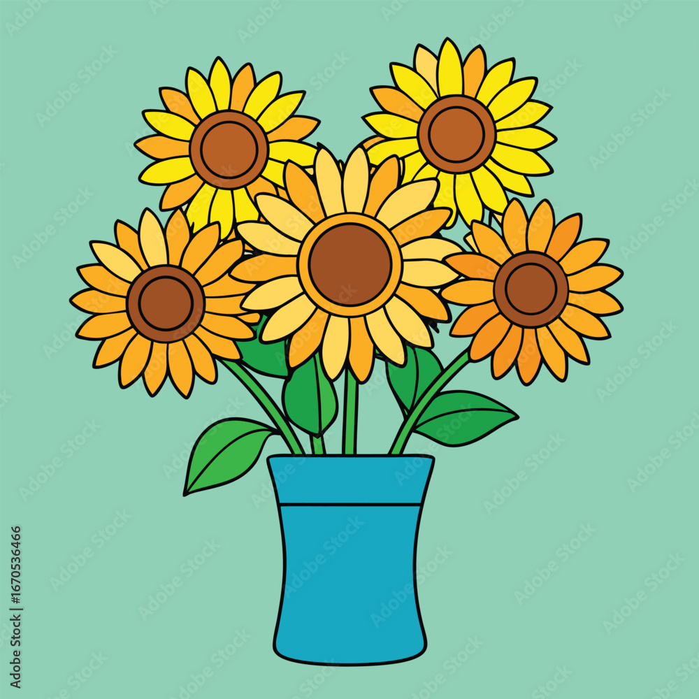 Obraz premium Bunch of five cartoon sunflowers in a blue vase on a light green background plant nature