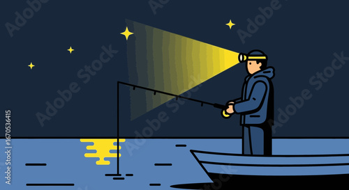 Solitary Fisherman's Night Expedition Serene Waters Under Starry Canopy