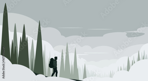 Solitary Hiker Exploring Calm Evergreen Forest Landscape with Cloudy Sky