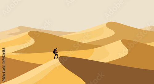Solitary Hiker Navigating Endless Sand Dunes In Arid Desert Landscape