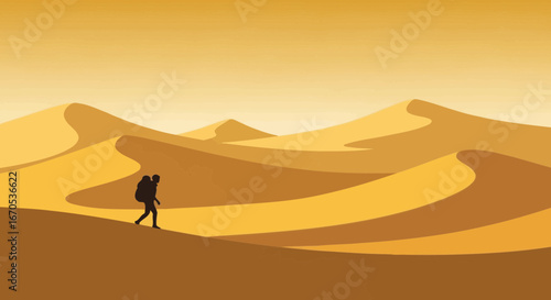 Silhouette Of A Hiker Walking Across Endless Sand Dunes Desert Adventure