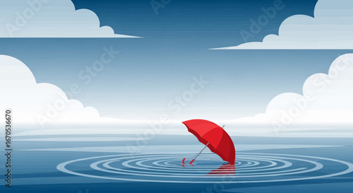 Solitary Red Umbrella in Open Water Under Cloudy Sky Peaceful Scenery