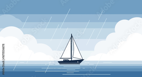 Solitary Sailboat Navigating Through Rain Clouds In A Flat Design Ocean