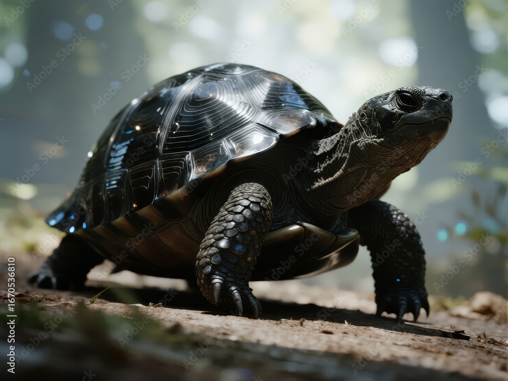 Fototapeta premium A detailed close-up of a tortoise with a glossy shell in a forest setting.