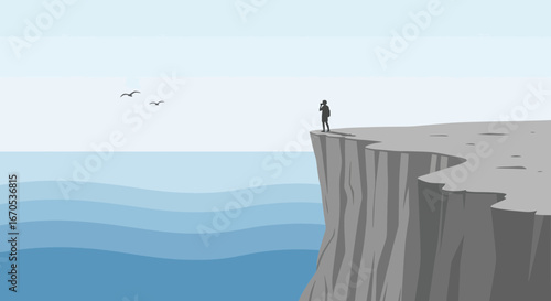 Silhouette Of A Person On A Cliffside Gazing Out Over Vast Oceanic Waters