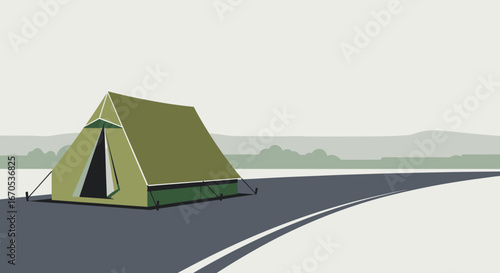 Solitary Tent On Roadside Against Landscape Vector Illustration Graphic