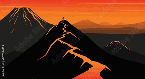 Silhouette of a mountain climber standing on a peak with mountains landscape background and orange sky in vector format