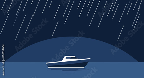 Solitary Voyage Aboard Ship Amidst Torrential Rainfall In Dark Stormy Night