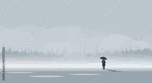 Solitude In A Gentle Rain A Serene Moment In An Urban Landscape