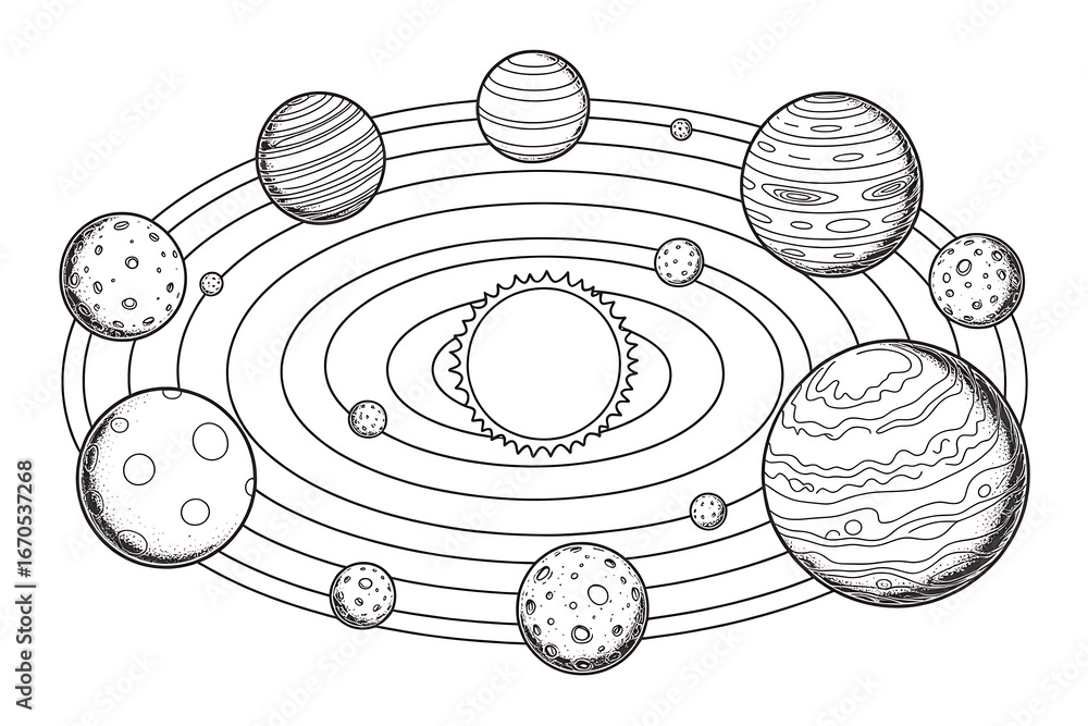 Obraz premium Detailed black and white solar system illustration for education, space exploration, and design
