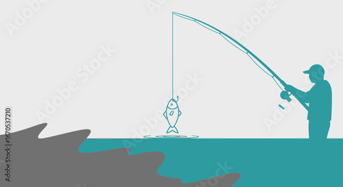 Silhouette of fisherman catching fish on the water, simple vector illustration of fishing scene with man and caught fish on hook