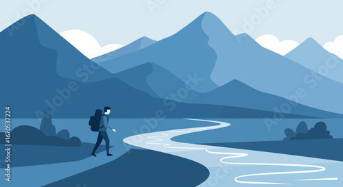 Solo Hiker Embarking on a Mountain Adventure in a Minimalist Style Landscape