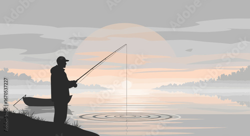 Silhouette of Fisherman Casting Rod Into Serene Lake at Dusk for Sport