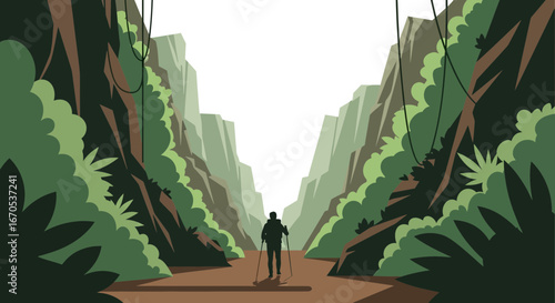 Solo Hiker Exploring Lush Tropical Valley Scenic Trekking Adventure