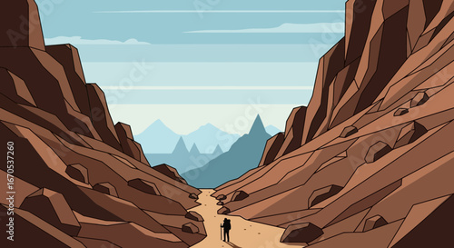 Solo Hiker Exploring Majestic Canyon Valley Scenery in Vector Illustration