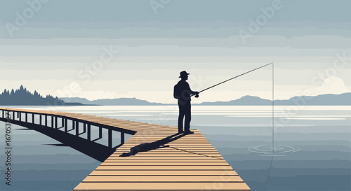Silhouette Of Fisherman On Pier Enjoying Peaceful Lakeside Fishing Adventure