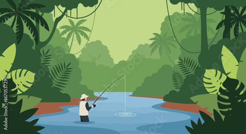 Silhouette of fisherman fishing in a jungle river with lush green vegetation and trees creating a scenic tropical atmosphere