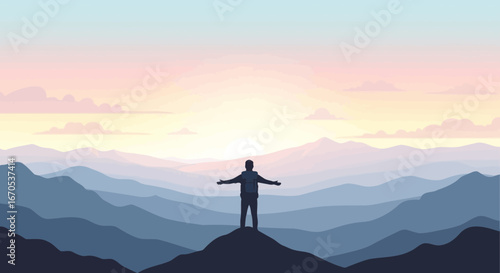 Silhouette Of Hiker Embracing Nature At Mountain Peak During Sunset Scenery