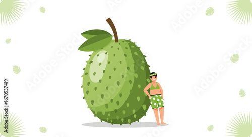 Soursop Adventure A Vacationer Leans Against Giant Exotic Fruit Illustration