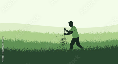 Silhouette Of Man Mowing Grass In A Lush Green Field Landscape View