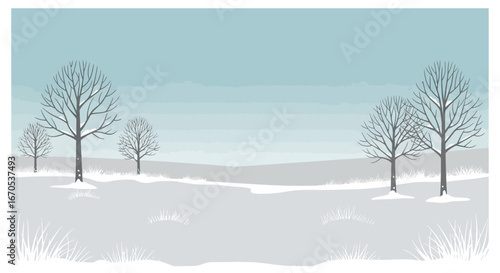 Sparse Winter Landscape With Bare Trees Under Pale Blue Sky Illustration