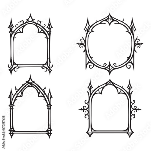 Gothic game frame set, vector fantasy medieval border, vintage tribal symmetry mystic design element vector