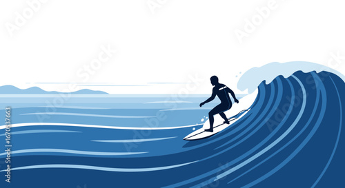 Silhouette Surfer Riding Wave Illustration Ocean Adventure Lifestyle