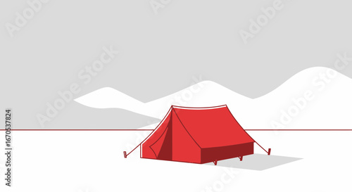 Simple camping scene with a red tent and mountain backdrop vector illustration