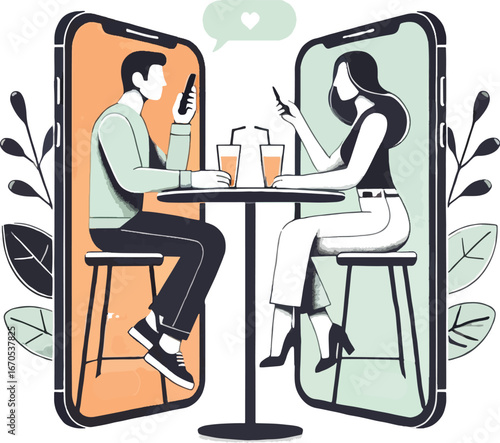 Virtual Date Smartphones Couple Drinks Table Modern Illustration