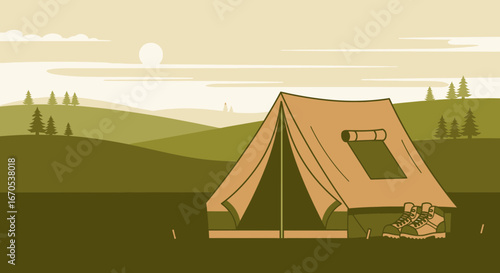 Simple Landscape Of Camping With A Tent And Mountain Boots Adventure
