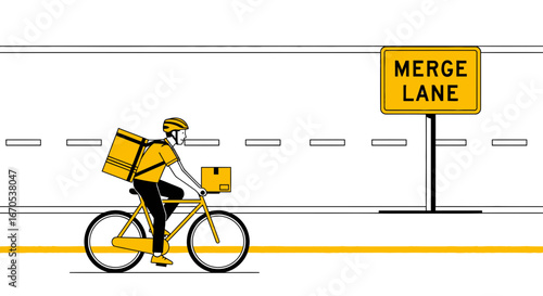 Speeding Delivery Boy On Bicycle With Parcel, Merge Lane Yellow Background