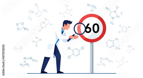 Sixty Chemistry Research Concept Featuring Investigator Magnifying Molecule Structures