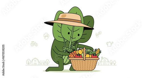 Spinach Farmer Character Harvesting Fresh Vegetables Cartoonish Minimalistic Illustration