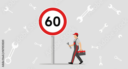 Sixty Speed Limit Roadside Assistance With Toolbox And Wrench Isolated On Gray Backdrop