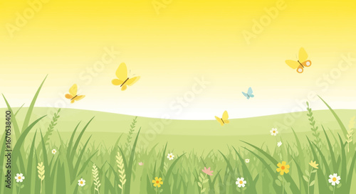 Spring Meadow Scene With Butterflies And Wildflowers Under Golden Sunlight
